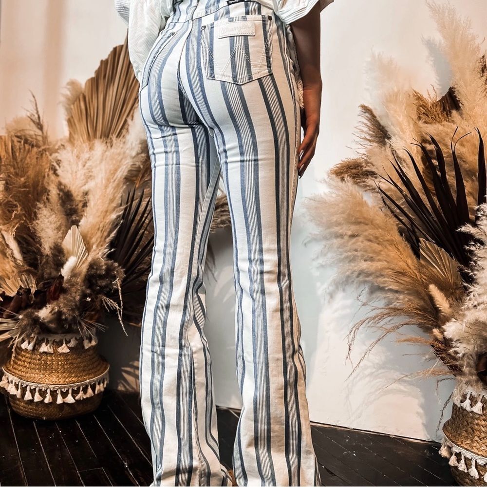 Wrangler Blue & White Striped Bailey Flare Retro Jeans